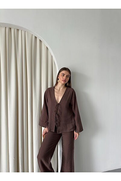 Laluvia Brown Tied Kimono Set - 8567