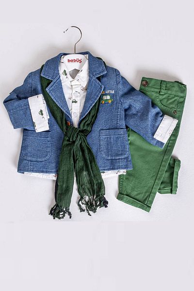 Bebüş Embroidered Jacket Printed Long Sleeve Shirt Green Pants and Scarf 4-Piece Boy's Suit 14409