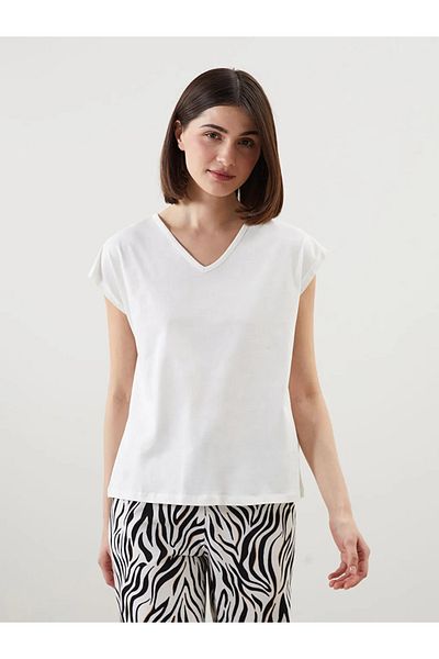 LC Waikiki Σετ γυναικεία πιτζάμες Capri LCW DREAM Λευκή με λαιμόκοψη V