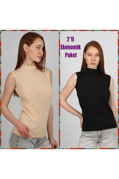 Şenay Kadın Balıkçı Yaka Body Esnek Sıfır Kol Likralı 2' li ekonomik paket