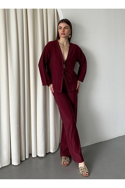 Laluvia Burgundy Tied Kimono Set - 8567