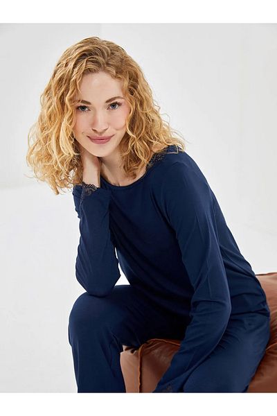 LC Waikiki Lcw Dream Navy Blue Crew Neck Lace Detail Women's Pajamas Set