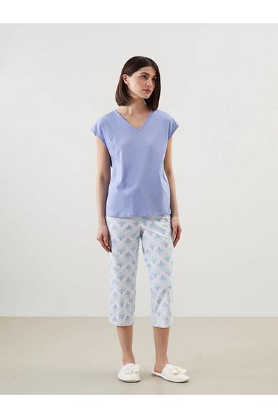 LC Waikiki Set de pijamale capri pentru femei LCW DREAM albastru cu decolteu în V