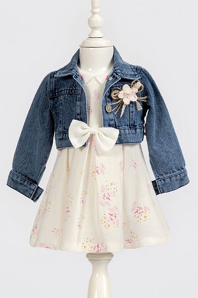Bebüş Pink Floral Print Baby Girl Dress - Denim Jacket and Top Set 14138