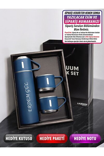 GiralStore Paslanmaz Çelik 3 Bardaklı Siyah Renk Termos Seti / Çay Kahve Pikn...