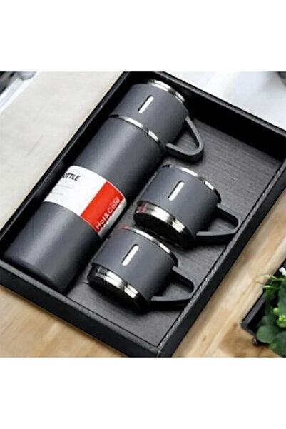 GiralStore 3 Bardaklı Çelik Termos & Filtre Kahve & Su Matarası & Cepli Gri D...