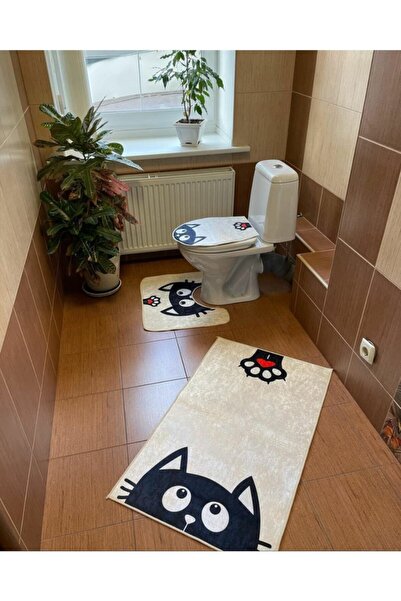Modern home Kedili 3'lü Set Banyo Paspası, Klozet Takımı Kaymaz Taban Dijital...