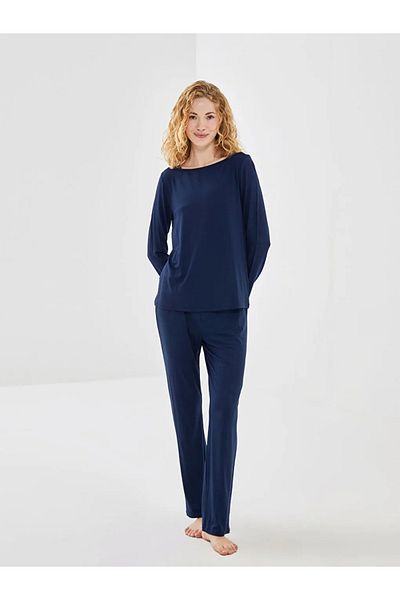 LC Waikiki Lcw Dream Navy Blue Crew Neck Lace Detail Women's Pajamas Set