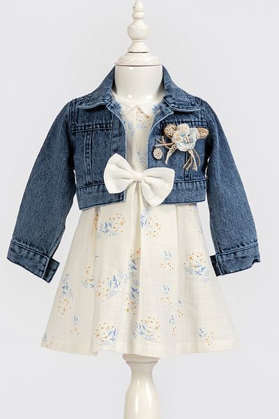Bebüş Blue Floral Print Baby Girl Dress - Denim Jacket and Top Set 14138