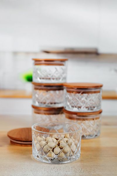 ZURİ DESİGN 6-Piece Round Timeless Wooden Vacuum Lid Glass Breakfast - Storage Container & Snack Bowl 225 ml