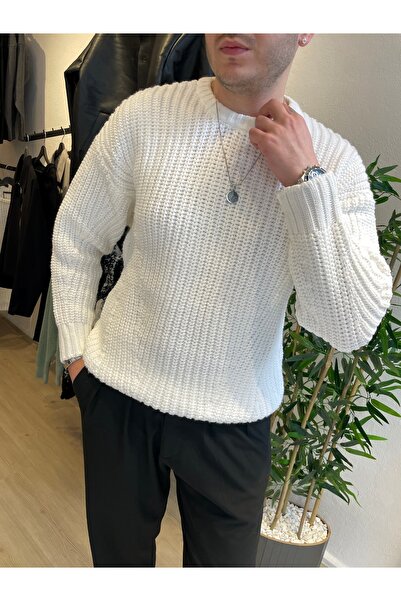 Erkek Bisiklet Yaka Oversize Örme Kazak Ekru