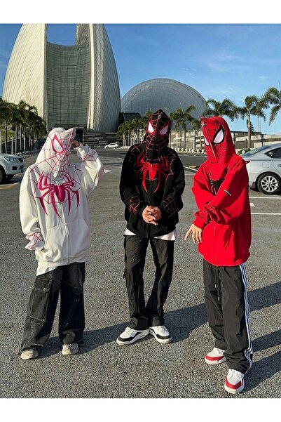 Genel Markalar Kırmızı Y2k Streetwear Spider Web Oversize Fermuarlı Unisex Kapüşonlu Hırka