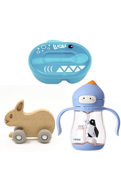 LUQU BABY LuQu Toddler Cup-Feeding Bowl With Spoon Shark Shape,Silicone + Wood Teether- Rabbit