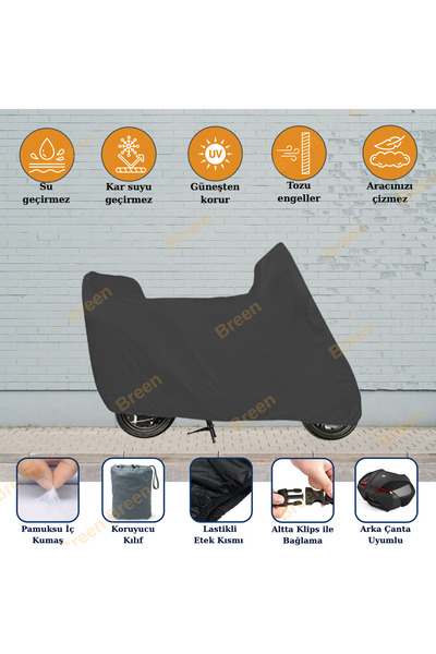 Breen Siyah Tüm Modellere Uyumlu Motosiklet Brandası, Arka Çanta Uyumlu, S Beden,