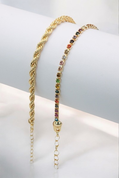 TAKIPORT Gold Renk 2'Li Her Bileğe Uygun Kadın Bileklik Kombini