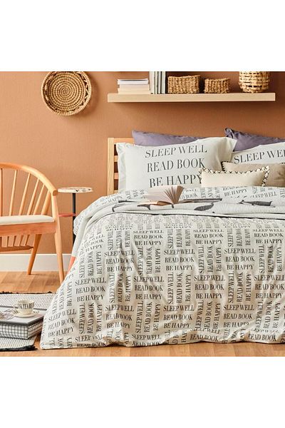 STOREMAX Muartshop Maison Book Lovers Letter Printed 100% Cotton Ranforce Duvet Cover Set, Anthracite, King Size (N