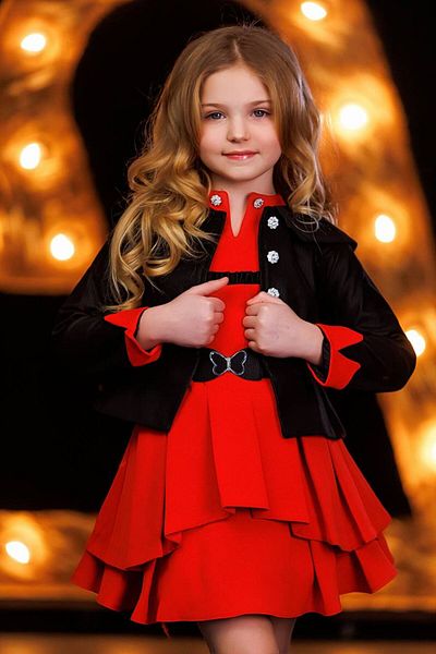 Ribbon kids Girls Jacquard Fabric Dress and Leather Jacket + Belt