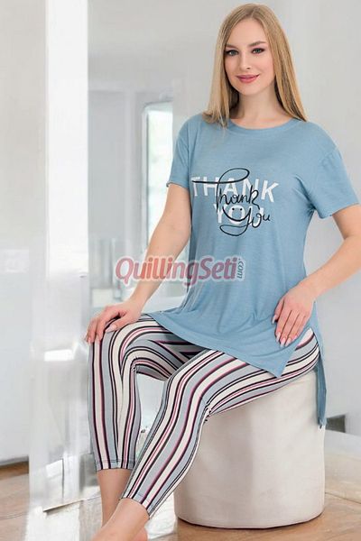 quilling Lady 12049 - Set de pijamale capris și jambiere din bumbac cu dungi albastre