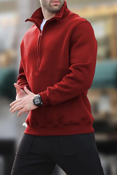 ruNadeS Red Half Zippered Stand Collar Sweatshirt with Fleece Inside Winter Unisex 3 Thread