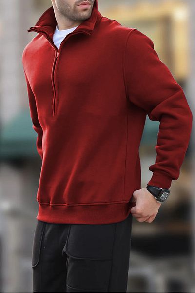 ruNadeS Red Half Zippered Stand Collar Sweatshirt with Fleece Inside Winter Unisex 3 Thread