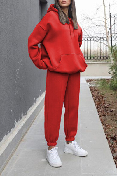 ruNadeS Kadın Yumuşak Dokulu Relaxed Fit Kapüşonlu Paçası Lastikli Eşofman Takımı - Spor