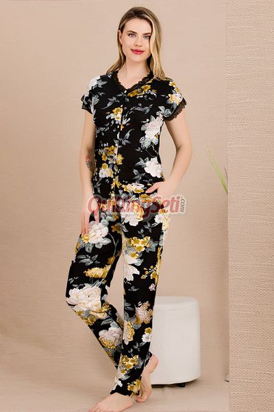 quilling Black Color and Floral Print Lady 12498 Cotton Viscose Women's Short Sleeve Pajamas Set