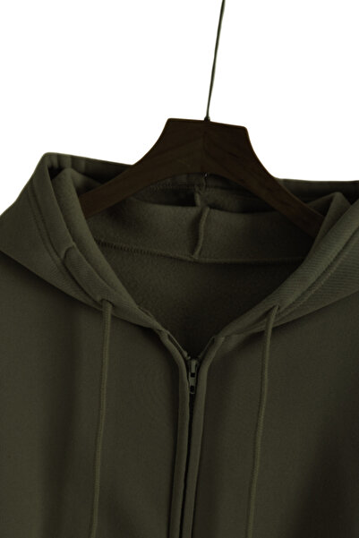 ruNadeS Khaki Kangaroo Pocket Hooded Zippered Sweat 3 Thread Cardigan