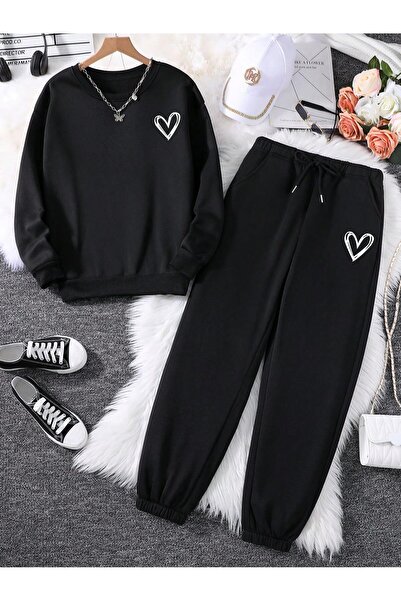 MODARİCH Σετ μαύρη φόρμα με μοτίβο καρδιάς - Oversize Crew λαιμόκοψη, λαστιχέ...