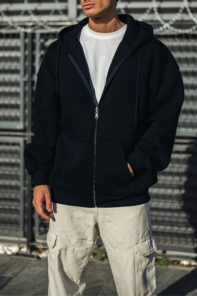 ruNadeS Navy Blue Men's 3-Thread Seasonal Zip-Up Hooded Fleece Cardigan Jacket