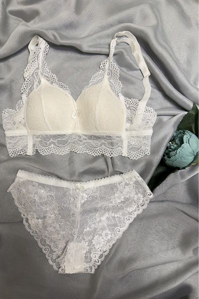 Betimoda Women's Triangle Lace Bralet Unpadded Bra Suit Ecru