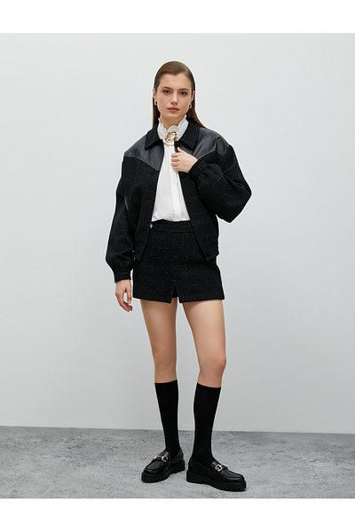 Koton Jachetă bomber din tweed cu detalii din piele artificială, buzunare, nasturi