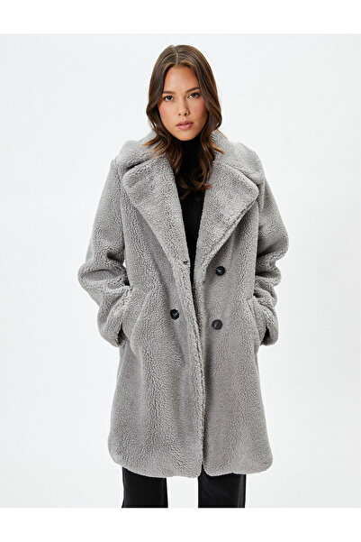 Koton Плюшеве пальто з хрестоподібним застібанням та кишенями з деталями
