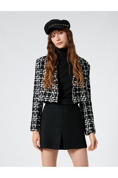 Koton Fusta mini plisată din tweed cu nasturi aurii