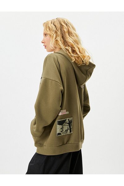 Koton Oversize Hooded Sweatshirt - Zippered, Pocketed and Back Applique Detail