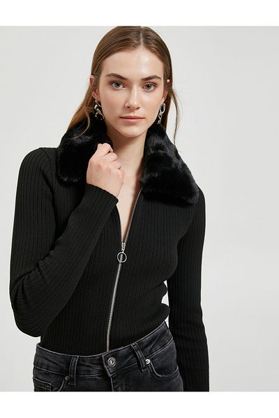Koton Plush Collar Cardigan Zipper Knitwear