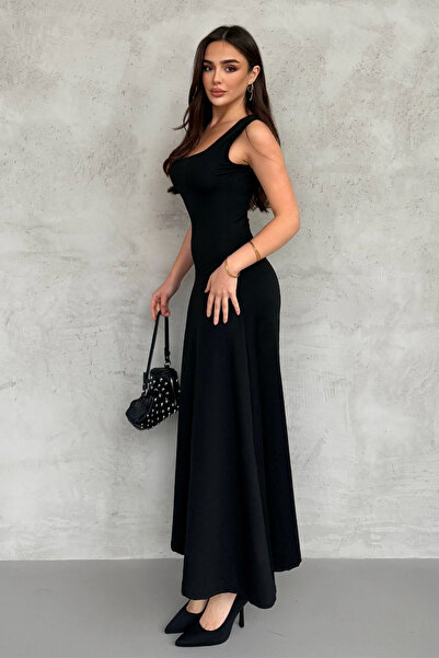 modavingo Kadın  Soft Touch Ön Arka Kare Yaka Elbise Siyah MDV1001