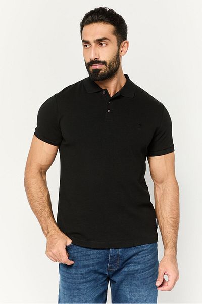 French Connection Men Regular Fit Embroidered Logo Short Sleeves Polo, Black