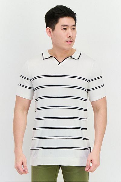 French Connection Men Spread Collar Short Sleeve Stripe Sweater, White