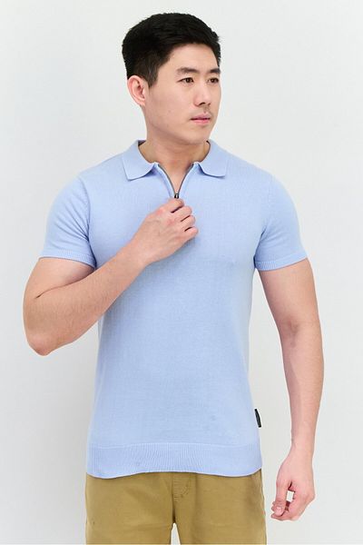 French Connection Men Regular Fit Short Sleeve Brand Logo Polo Shirt, Sky Blue