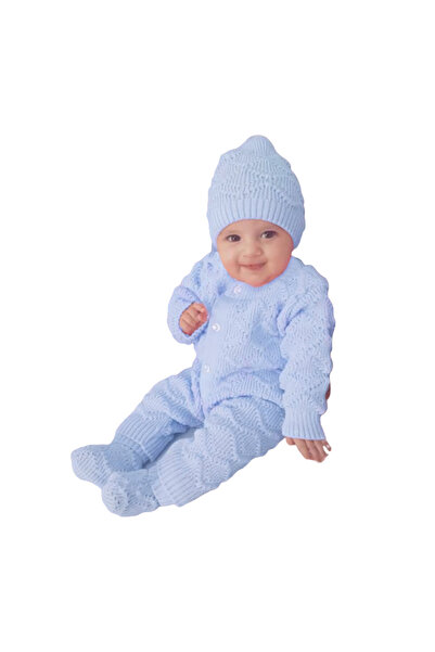 bebegen Mavi , Bereli Triko Erkek Bebek Tulumu