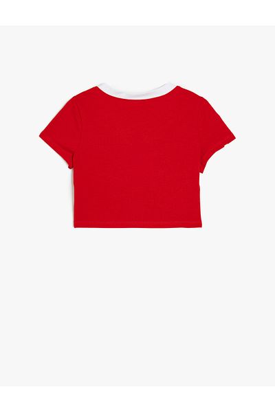 Koton Striped V-Neck College Printed Short Sleeve Crop T-Shirt