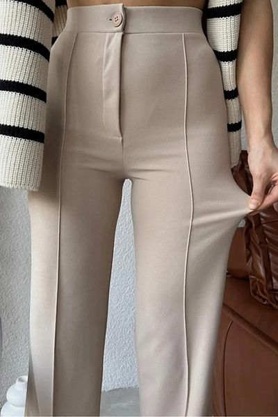 Bestenur Yüksel Waist Beige Palazzo Παντελόνι 1290 - Ισπανικό Παντελόνι