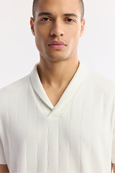 Avva Men's Ecru Shawl Collar Viscose Blend Jacquard Regular Fit T-Shirt A51Y1071