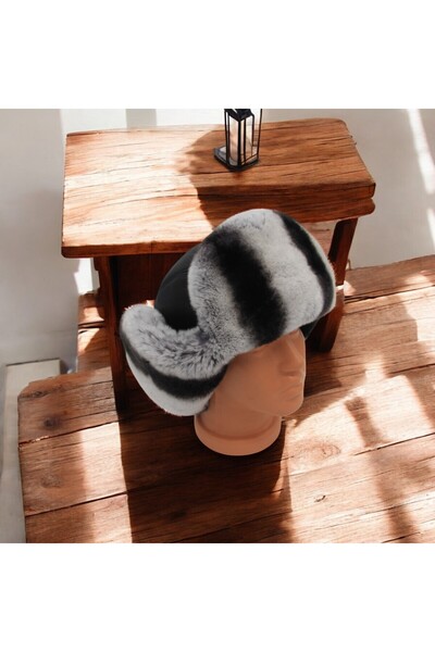 AbbasShop Gerçek Deri Tavşan Kürklü Ushanka Pilot Şapka Ayarlanabilir Tokalı Kışlık Outdoor Şapka Rex Model