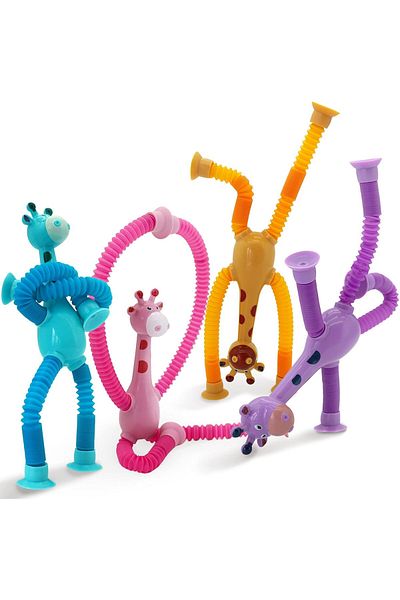 AWH 4-Piece LED Telescopic Suction Cup Giraffe Toy, Shape-Changing Pop Tube Fidget Sensory Toys