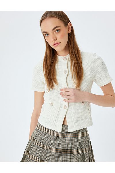 Koton Button Detailed Pocket Crew Neck Short Sleeve Knitwear Cardigan