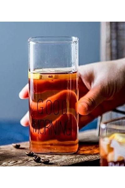 STOREMAX Ntwork Rectangular Drink Cup, Heat Resistant Rectangular Glass Cup, Good Morning Glass B
