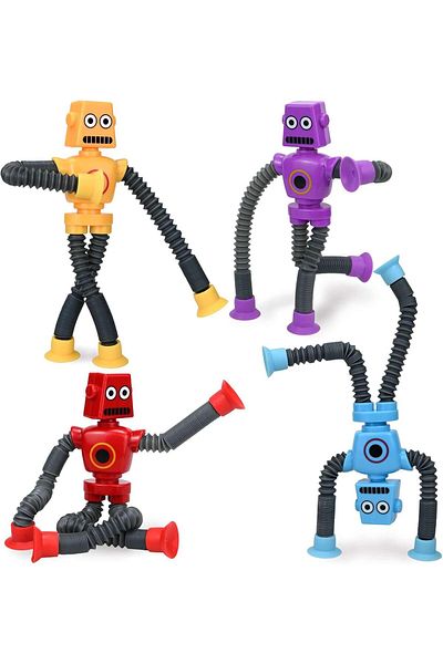 AWH ألعاب روبوتية من Pop Tubes، عبوة من 4 قطع - لعبة حسية بكأس شفط تلسكوبي للأطفال، هدايا الحفلات