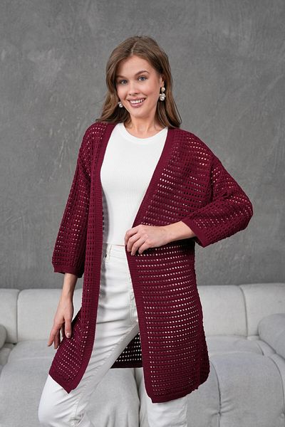 Irmak Kerekli Women's Burgundy Openwork Perforated Cardigan Knitwear Cardigan 91136