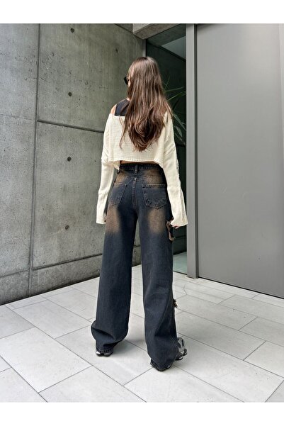 KOTOLOG Y2k Black Star Unisex Relax Fit Jeans - Μπλε τεχνικό παντελόνι με λεπτομέρεια Stars Patch